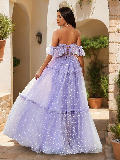 Robes de Bal en Tulle à Pois, Style A-Line/Princesse, Décolleté Dégagé, Corset Transparent et Volants