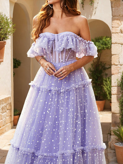 Robes de Bal en Tulle à Pois, Style A-Line/Princesse, Décolleté Dégagé, Corset Transparent et Volants