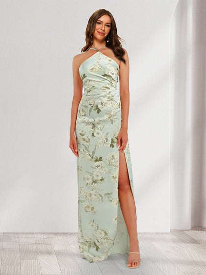 Robes de Demoiselle d'Honneur Uniques à Col Halter, Imprimées Floral, avec Fente Latérale, Style Fourreau/Colonne