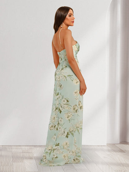 Robes de Demoiselle d'Honneur Uniques à Col Halter, Imprimées Floral, avec Fente Latérale, Style Fourreau/Colonne