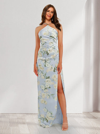 Robes de Demoiselle d'Honneur Uniques à Col Halter, Imprimées Floral, avec Fente Latérale, Style Fourreau/Colonne