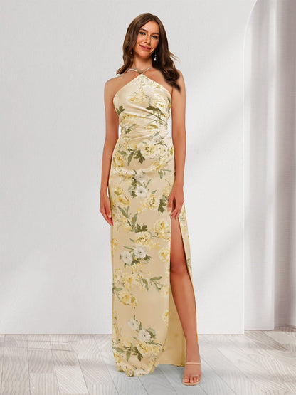 Robes de Demoiselle d'Honneur Uniques à Col Halter, Imprimées Floral, avec Fente Latérale, Style Fourreau/Colonne