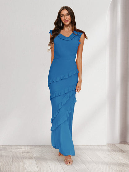 Robes de Demoiselle d'Honneur Longues Style Fourreau/Colonne avec Col Capuche, sans Manches et Volants, Robes Maxi