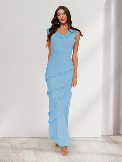 Robes de Demoiselle d'Honneur Longues Style Fourreau/Colonne avec Col Capuche, sans Manches et Volants, Robes Maxi