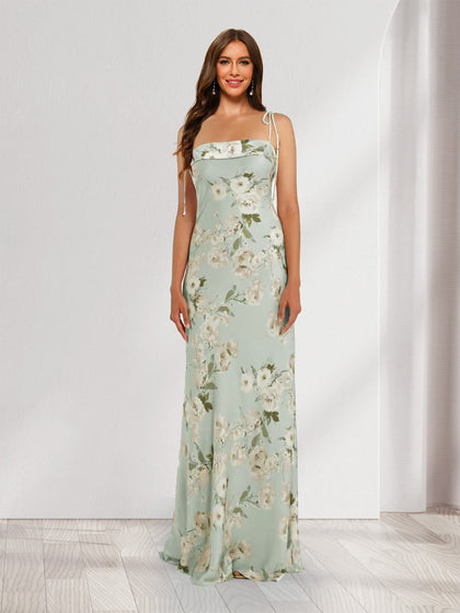 Robes de Demoiselle d'Honneur Florales Imprimées sans Manches avec Bretelles et Fente Latérale, Style Fourreau/Colonne