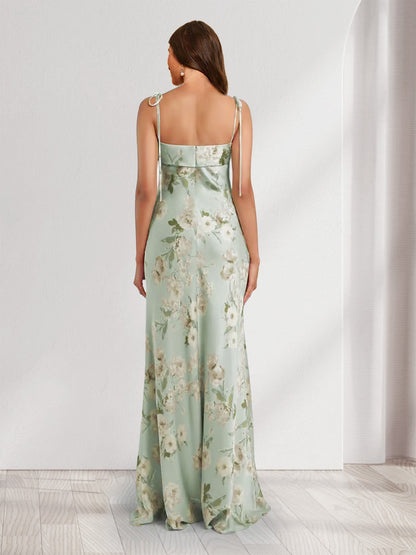 Robes de Demoiselle d'Honneur Florales Imprimées sans Manches avec Bretelles et Fente Latérale, Style Fourreau/Colonne