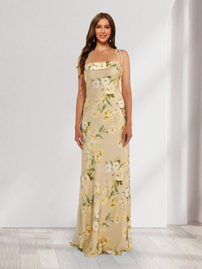 Robes de Demoiselle d'Honneur Florales Imprimées sans Manches avec Bretelles et Fente Latérale, Style Fourreau/Colonne