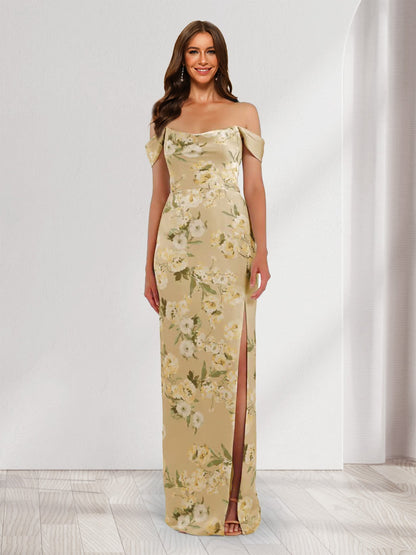 Robes de Demoiselle d'Honneur Imprimées Florales à Col Décolleté avec Fente Latérale, Style Fourreau/Colonne