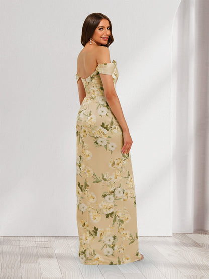 Robes de Demoiselle d'Honneur Imprimées Florales à Col Décolleté avec Fente Latérale, Style Fourreau/Colonne