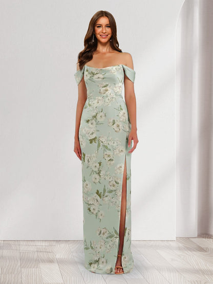 Robes de Demoiselle d'Honneur Imprimées Florales à Col Décolleté avec Fente Latérale, Style Fourreau/Colonne