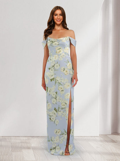 Robes de Demoiselle d'Honneur Imprimées Florales à Col Décolleté avec Fente Latérale, Style Fourreau/Colonne