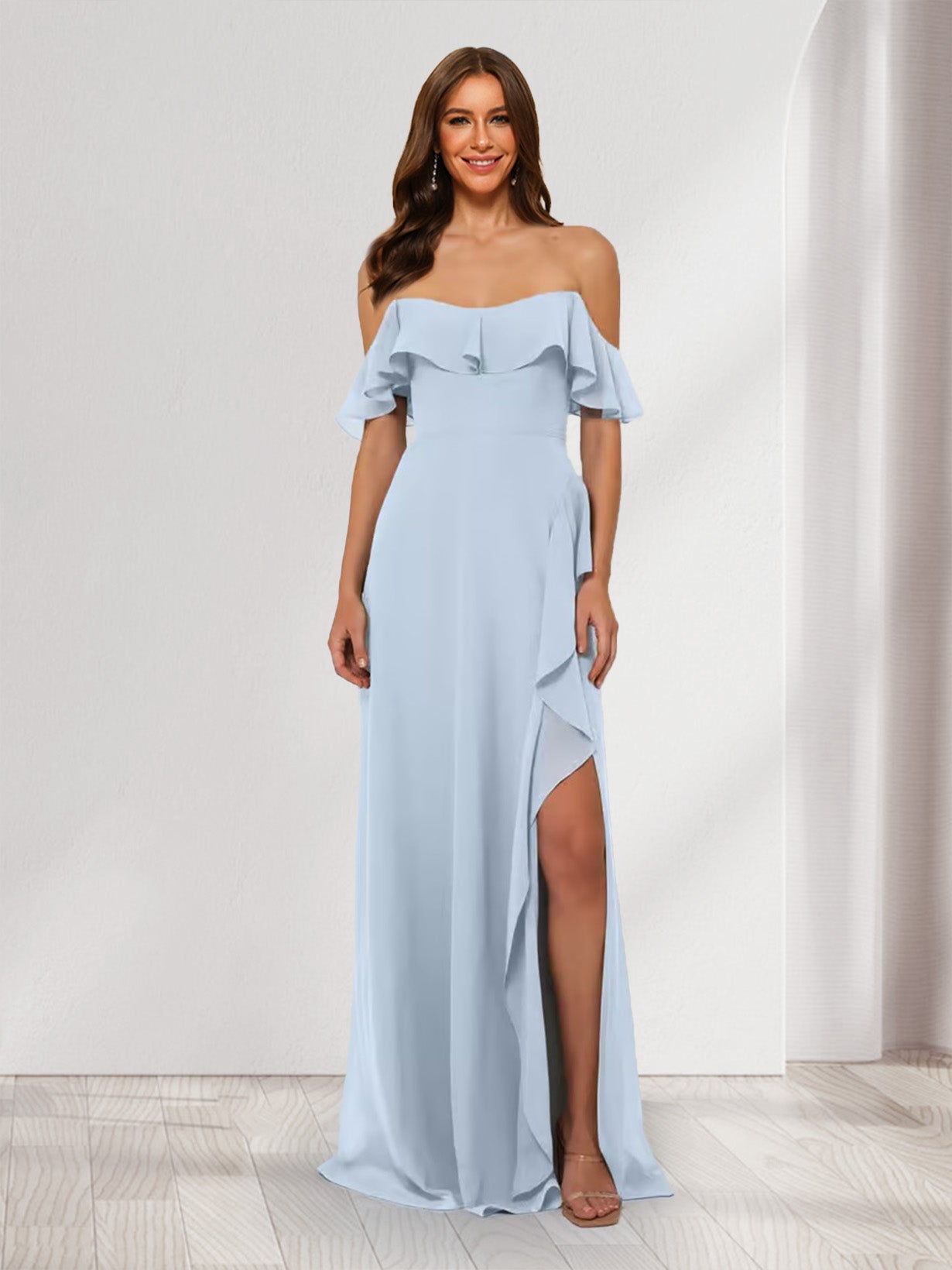 Robes de Demoiselle d'Honneur Longues Style Fourreau/Colonne sans Bretelles avec Volants et Fente Maxi