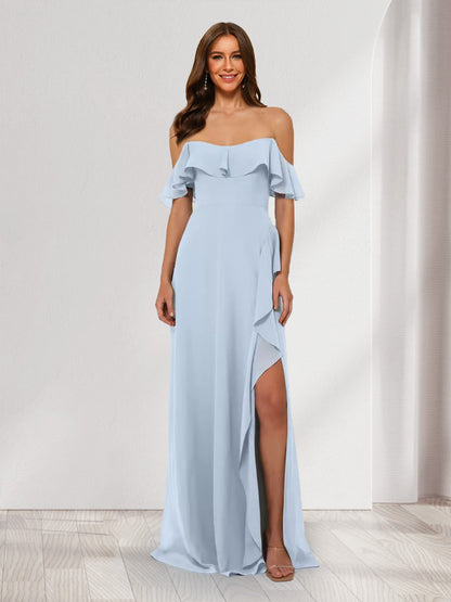 Robes de Demoiselle d'Honneur Longues Style Fourreau/Colonne sans Bretelles avec Volants et Fente Maxi