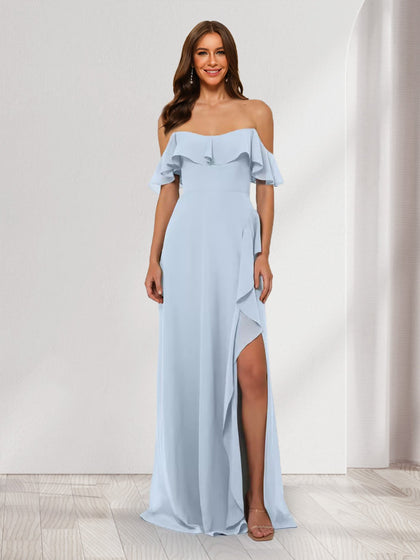 Robes de Demoiselle d'Honneur Longues Style Fourreau/Colonne sans Bretelles avec Volants et Fente Maxi