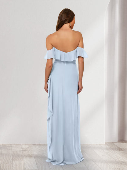 Robes de Demoiselle d'Honneur Longues Style Fourreau/Colonne sans Bretelles avec Volants et Fente Maxi