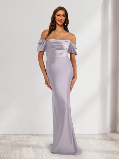 Robes de Demoiselle d'Honneur Longues à Colonne/Fourreau, sans Bretelles, Manches Bouffantes, Plissées, Style Maxi