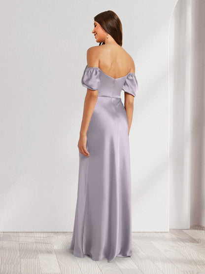 Robes de Demoiselle d'Honneur Longues à Colonne/Fourreau, sans Bretelles, Manches Bouffantes, Plissées, Style Maxi