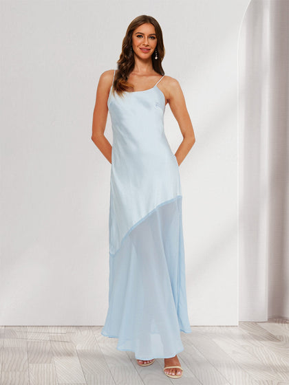 Robes de Demoiselle d'Honneur Longues Ajustées à Bretelles Spaghetti, Style Fourreau/Colonne, avec Ourlet en Chiffon