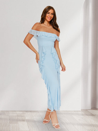 Robes de Demoiselle d'Honneur Longues Style Fourreau/Colonne avec Volants Décolleté Bardot Maxi