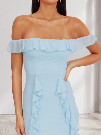 Robes de Demoiselle d'Honneur Longues Style Fourreau/Colonne avec Volants Décolleté Bardot Maxi
