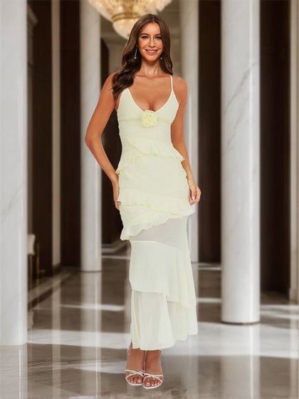 Robe de Bal Longue Style Fourreau/Colonne avec Bretelles, Décolleté en V, Rosette et Volants, Robe Maxi