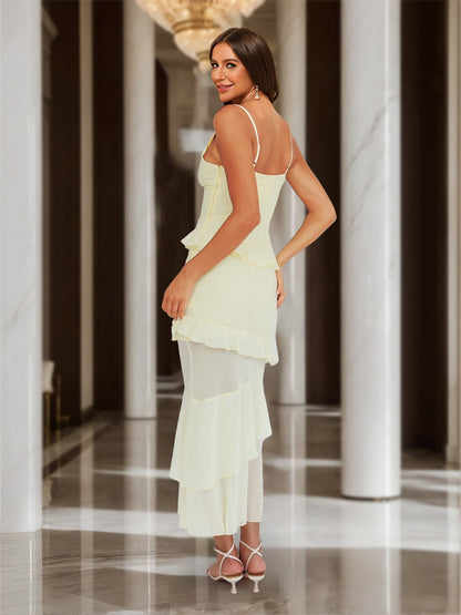 Robe de Bal Longue Style Fourreau/Colonne avec Bretelles, Décolleté en V, Rosette et Volants, Robe Maxi