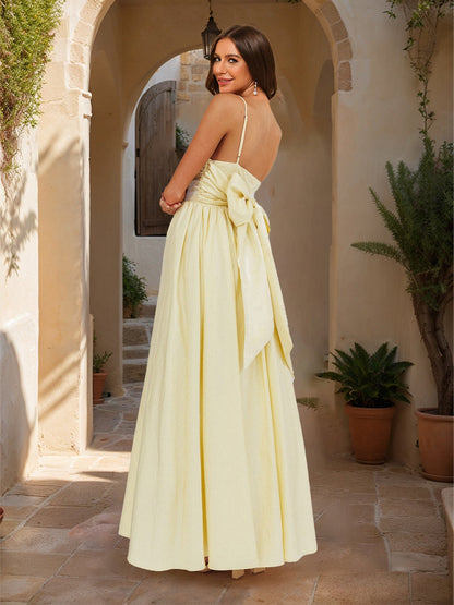 Robes Longues de Bal A-Ligne/Princesse avec Bretelles, Plissées, Nœud Au Dos, Robes Maxi