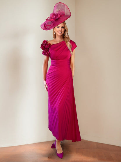 Robes de Mère de la Mariée Pliées à Une Épaule Asymétrique en Forme de Gaine/Colonne avec Fleurs en 3D