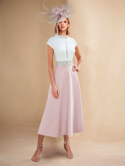 Robe de Mère de la Mariée Mi-Longue Col Bateau Perlée avec Trou de Serrure Style Princesse/A-Ligne
