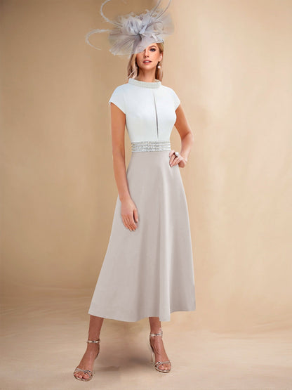 Robe de Mère de la Mariée Mi-Longue Col Bateau Perlée avec Trou de Serrure Style Princesse/A-Ligne