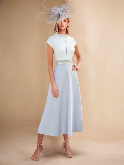 Robe de Mère de la Mariée Mi-Longue Col Bateau Perlée avec Trou de Serrure Style Princesse/A-Ligne