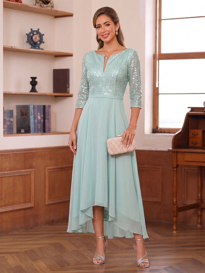 Ligne A/Princesse Illusion Col en V 3/4 Manches Asymétrique Robes Mère de la Mariée Robes avec Paillettes