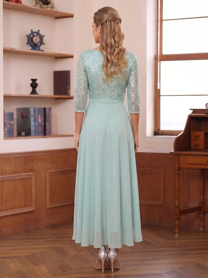 Ligne A/Princesse Illusion Col en V 3/4 Manches Asymétrique Robes Mère de la Mariée Robes avec Paillettes