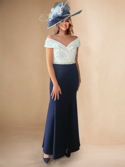 Robe Longue Sirène/Trompette Décolleté Dégagé avec Perles pour Mère de la Mariée