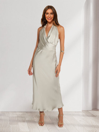 Robe de Demoiselle d'Honneur Midi à Col Montant et Décolleté Plongeant, Style Fourreau/Colonne, avec Dos Ouvert