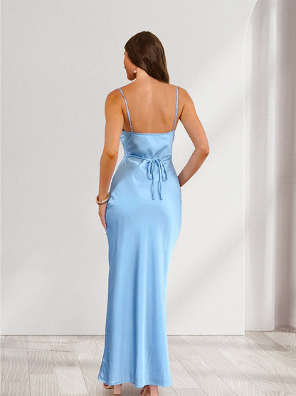 Robes de Demoiselle d'Honneur Fourreau/Colonne à Bretelles Spaghetti avec Fronces, Nœud et Laçage