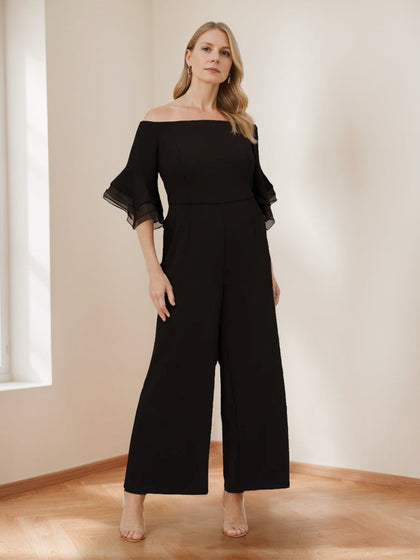 Combinaison de Pantalon pour Mère de la Mariée en Chiffon avec Épaules Dénudées, Manches 3/4 et Volants