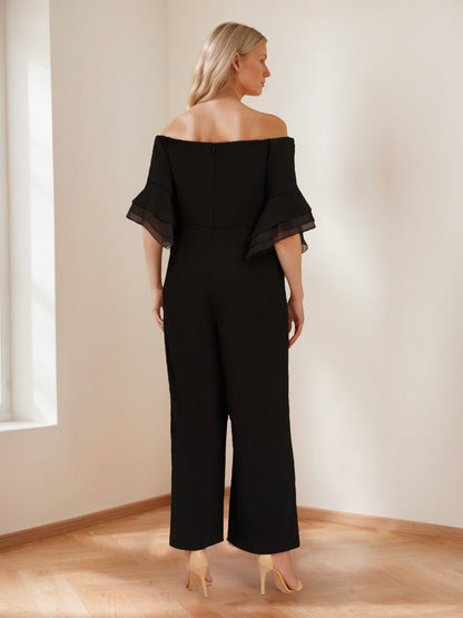 Combinaison de Pantalon pour Mère de la Mariée en Chiffon avec Épaules Dénudées, Manches 3/4 et Volants