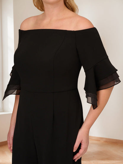 Combinaison de Pantalon pour Mère de la Mariée en Chiffon avec Épaules Dénudées, Manches 3/4 et Volants