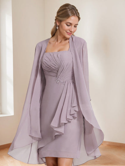 Robes de Mère de la Mariée 2 Pièces avec Veste, Col Carré, Plissé, Style Fourreau/Colonne