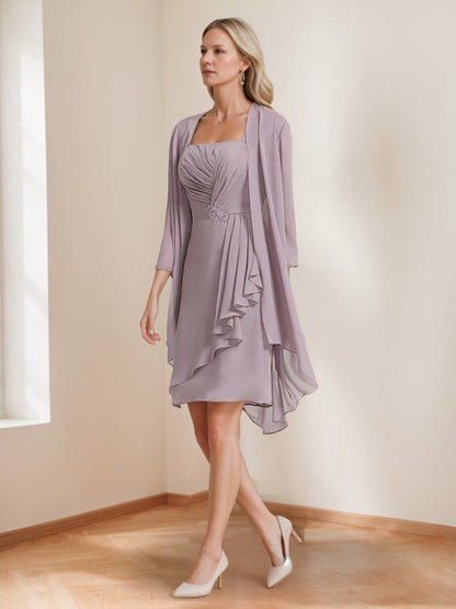 Robes de Mère de la Mariée 2 Pièces avec Veste, Col Carré, Plissé, Style Fourreau/Colonne