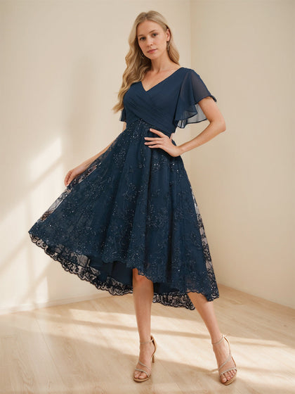 Robes de Mère de la Mariée A-Ligne/Princesse Col V Manches Papillon Asymétriques avec Appliqués
