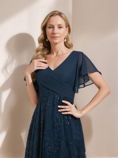 Robes de Mère de la Mariée A-Ligne/Princesse Col V Manches Papillon Asymétriques avec Appliqués