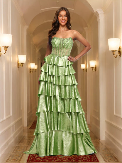 Robes de Bal Métalliques Superposées à Col Bénitier Style A-Line/Princesse avec Perles de Strass