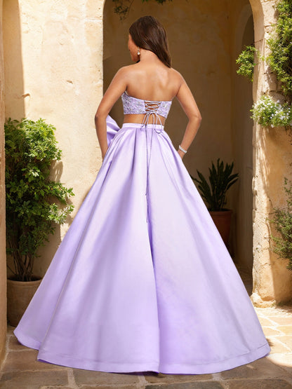 Robes de Bal Deux Pièces Perlées en Ligne A/Princesse avec Décolleté Cœur, Nœud et Fente