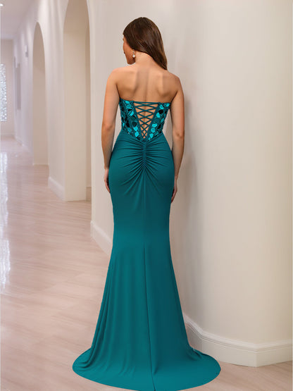 Robes de Bal Longues Sirène/Trompette Décolleté Cœur avec Perles et Paillettes, Fente Sur le Côté