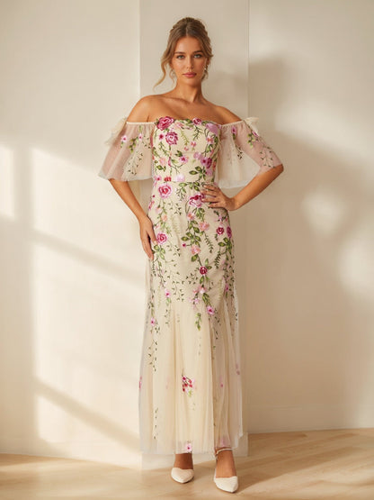 Robes de Bal Longues Style Trompette/Sirène Décolleté Bardot Manches Courtes avec Broderie et Nœud