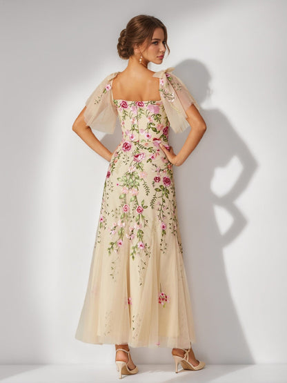 Robes de Bal Longues Style Trompette/Sirène Décolleté Bardot Manches Courtes avec Broderie et Nœud