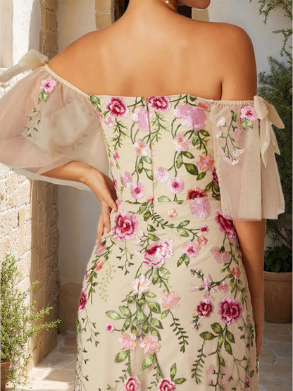 Robes de Bal Longues Style Trompette/Sirène Décolleté Bardot Manches Courtes avec Broderie et Nœud
