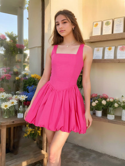 Robes de Retour à la Maison Plissées Courtes sans Manches Col Carré Ligne A/Princesse